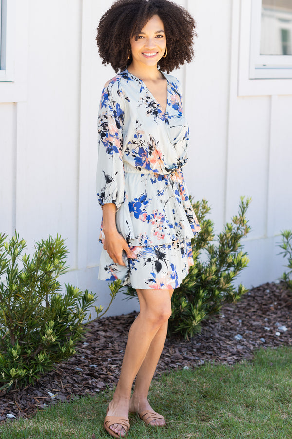 Influenced By Florals Sage Green Floral 3/4 Sleeve Dress