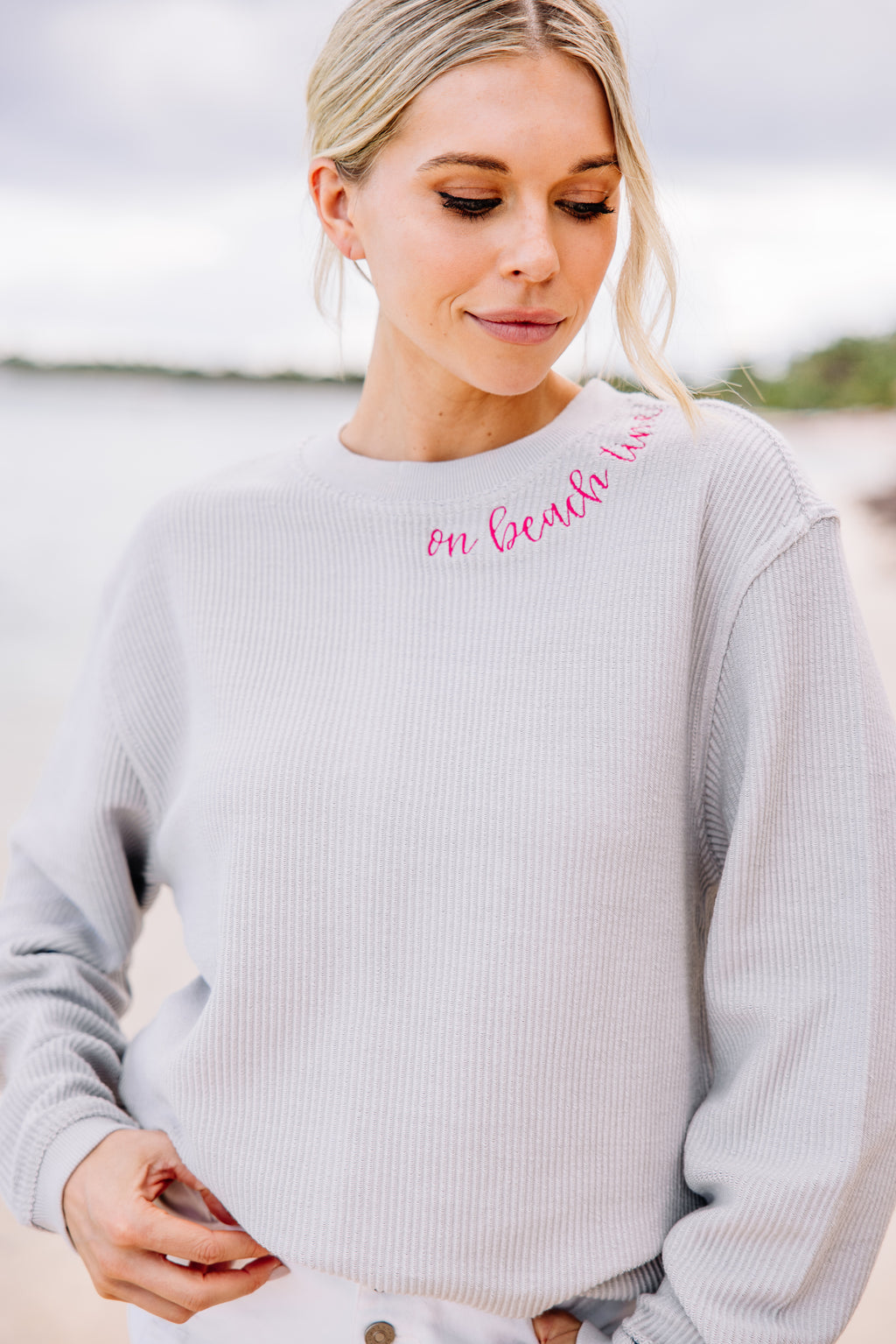 On Beach Time Silver Gray Corded Embroidered Sweatshirt – Shop The Mint