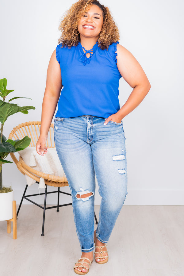 vibrant blue ruffled tank