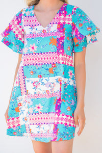 Make You Mine Turquoise Blue Mixed Floral Dress