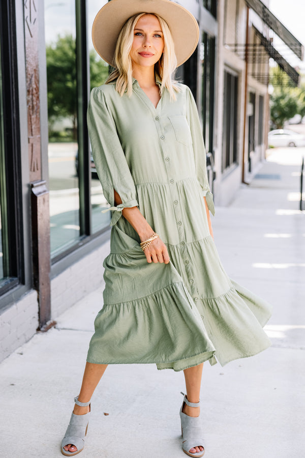 Leading Back To You Sage Green Tiered Midi Dress
