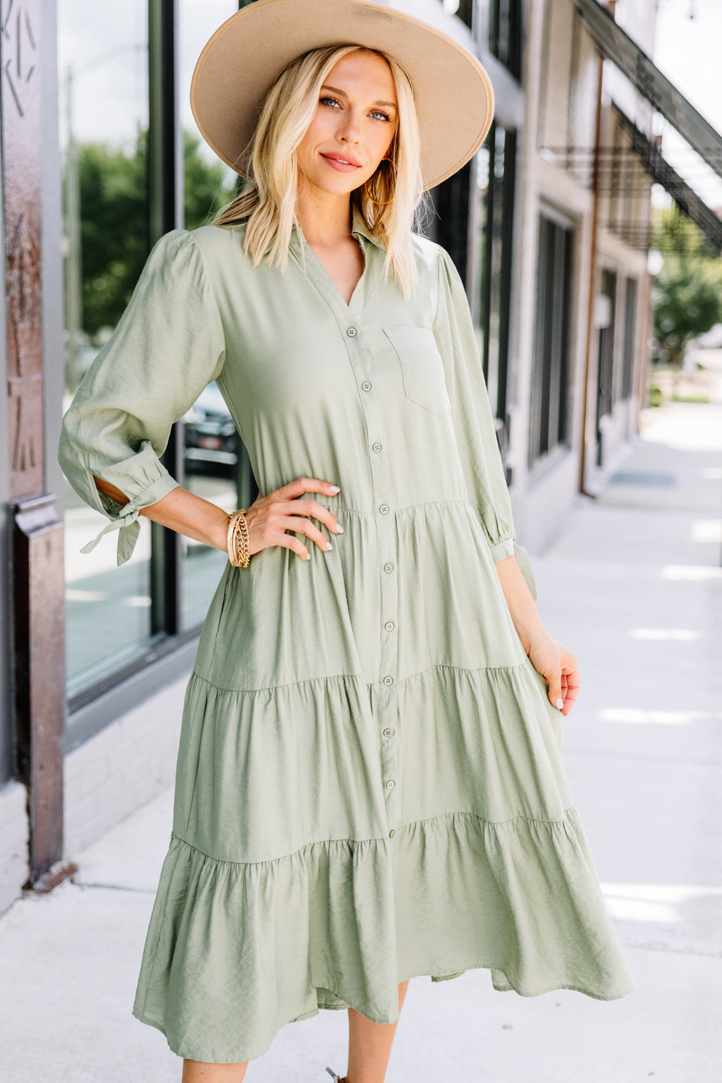 Leading Back To You Sage Green Tiered Midi Dress – Shop The Mint