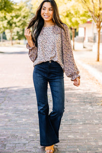 Go Through The Motions Taupe Brown Ditsy Floral Blouse
