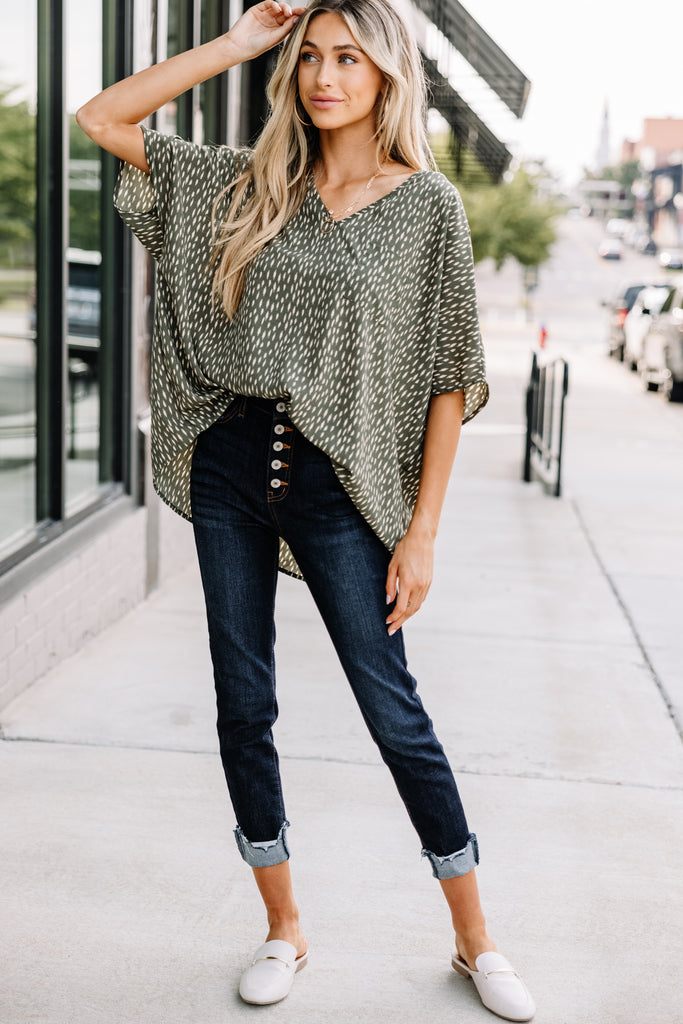 On The Right Track Olive Green Spotted Top – Shop the Mint