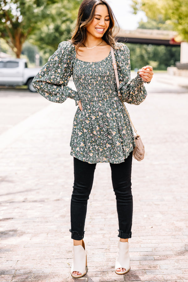 All For The Fun Sage Green Ditsy Floral Top