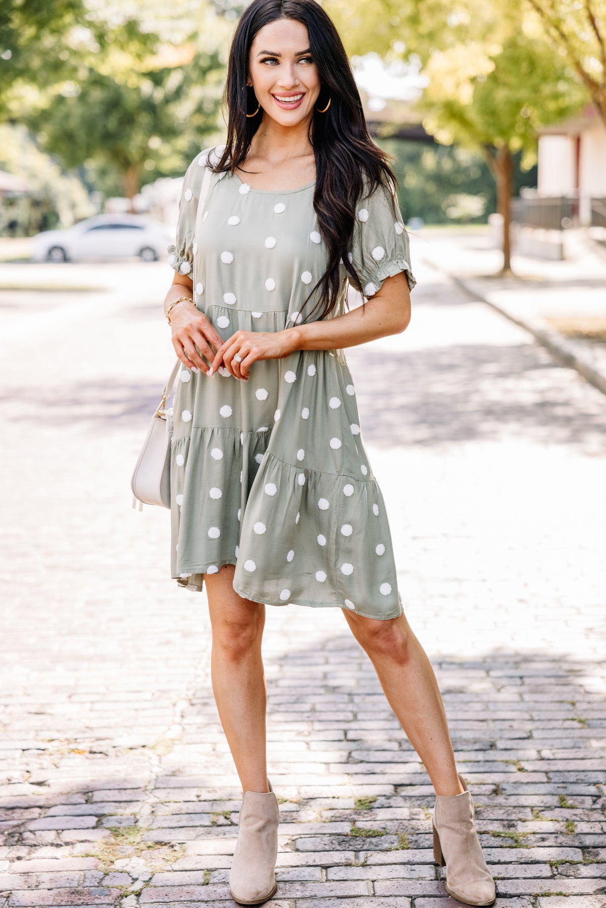 Out Of Your Way Olive Green Polka Dot Dress – Shop the Mint