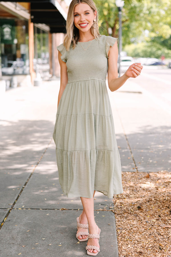 Learn To Love Olive Green Smocked Midi Dress