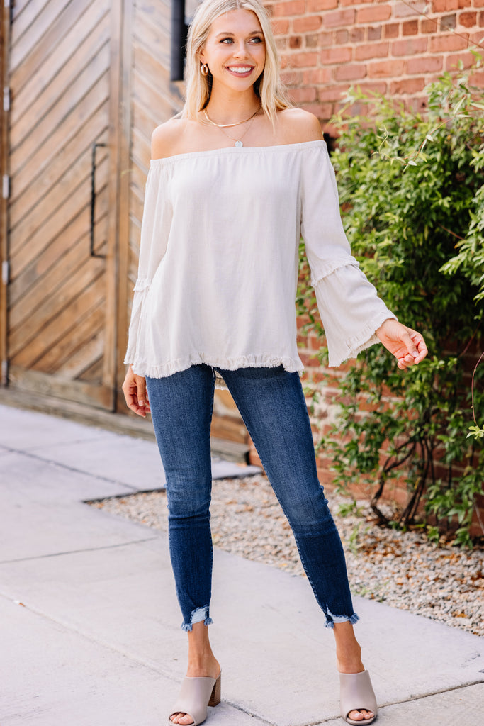 Make It Happen Oatmeal White Linen Off Shoulder Top – Shop the Mint