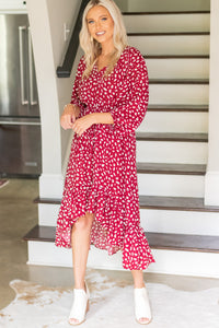 Give It All Burgundy Red Spotted Leopard Midi Dress