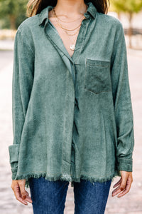 distressed green button down 