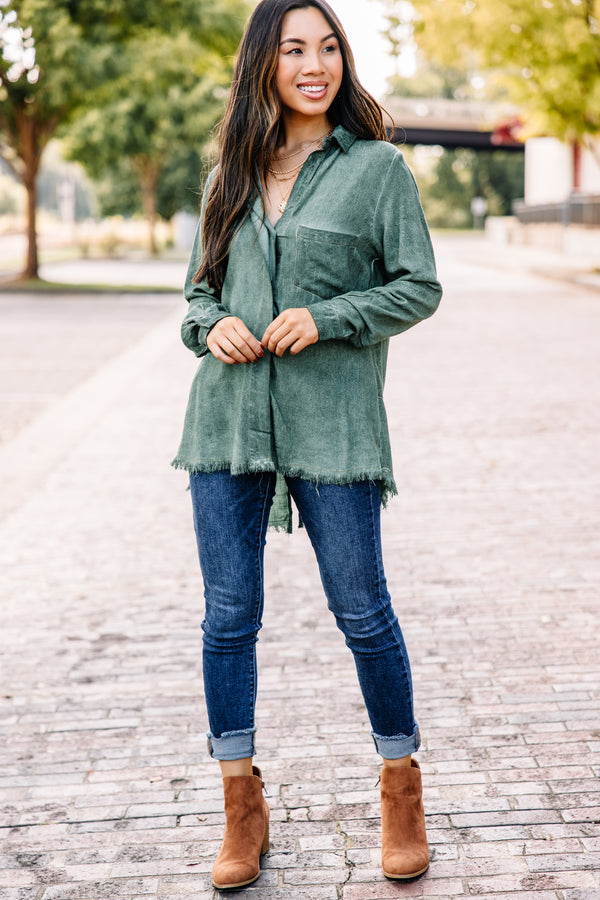 distressed green button down 