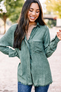 distressed green button down 