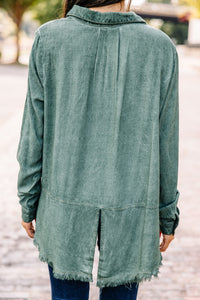 distressed green button down 