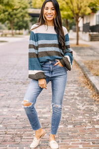 Feeling Fine Teal Blue Striped Sweater