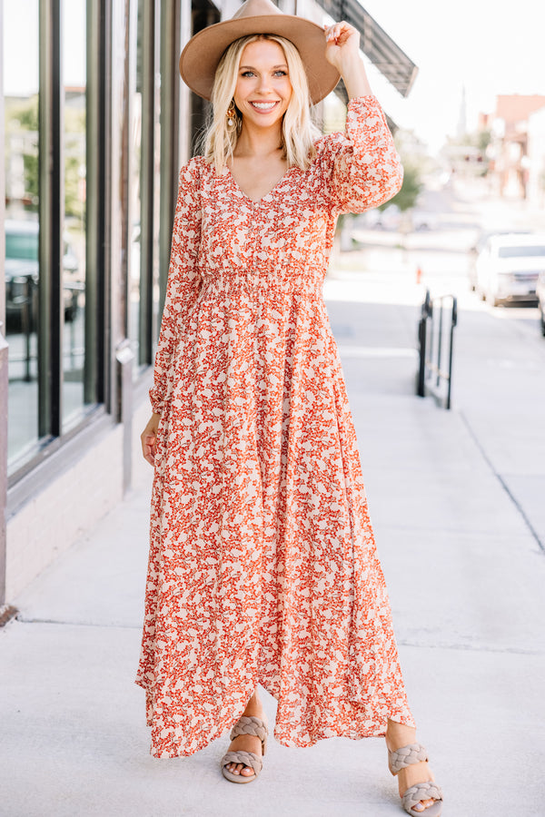 Search For Joy Taupe Brown Ditsy Floral Maxi Dress