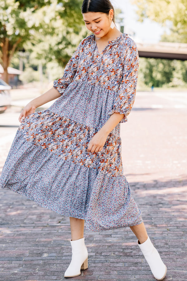 blue floral mix midi dress