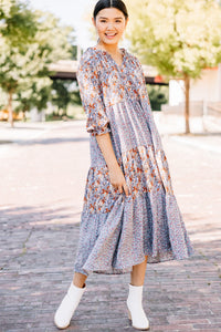 blue floral mix midi dress