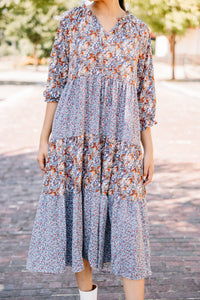 blue floral mix midi dress