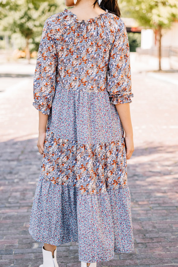 blue floral mix midi dress