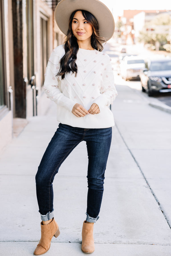 On The Way Cream White Pompom Sweater