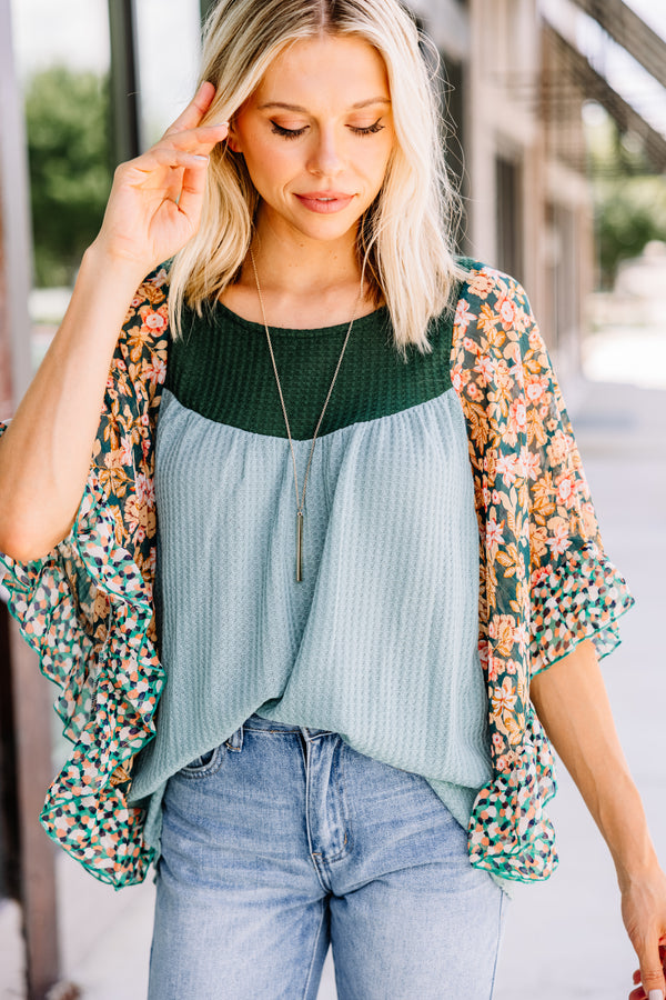 Reach For It Green Mixed Print Top