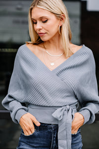 ribbed blue tied waist sweater