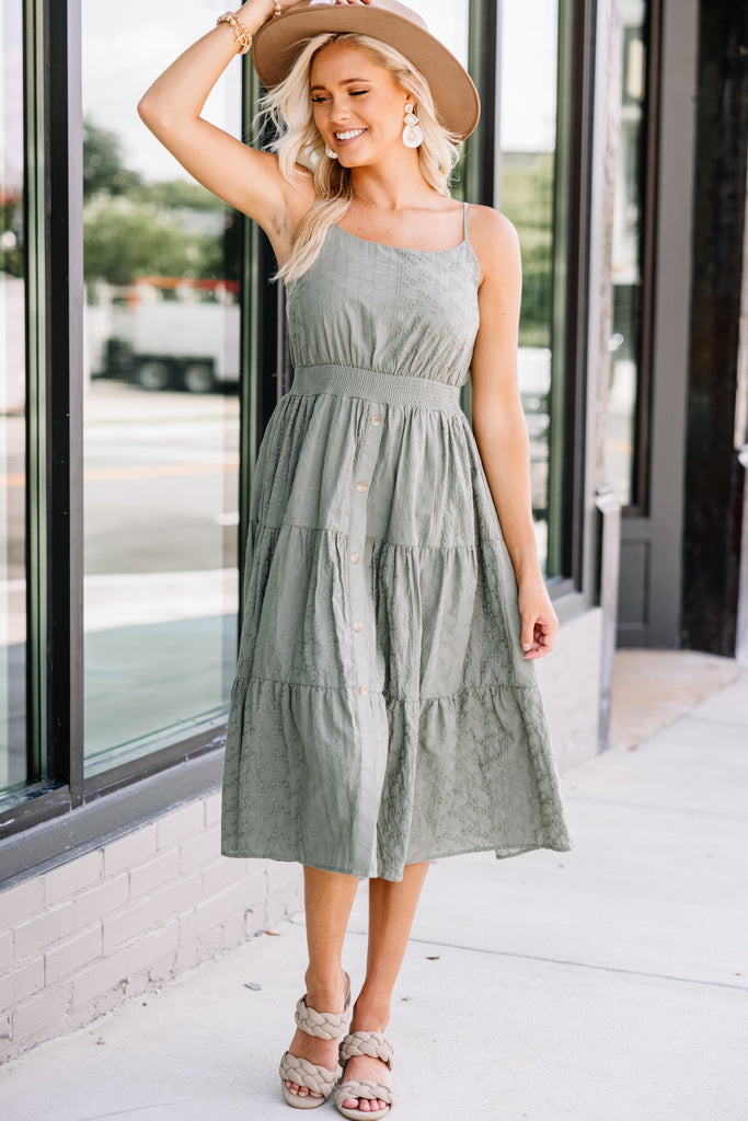 Going On A Picnic Olive Green Lace Midi Dress - Feminine Midi Dresses ...