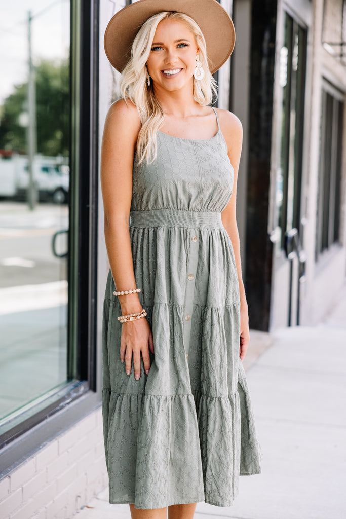 Going On A Picnic Olive Green Lace Midi Dress - Feminine Midi Dresses ...