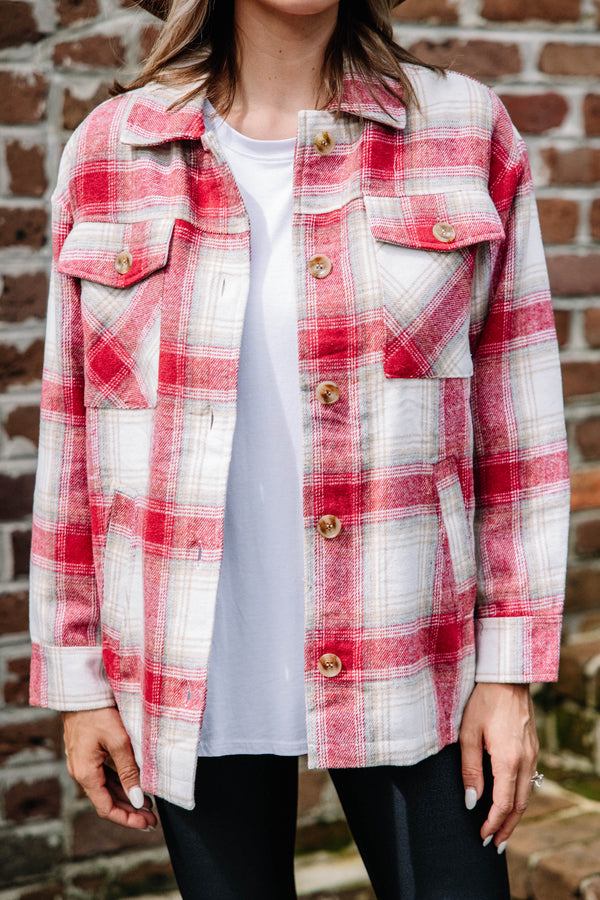 Get To It Red Plaid Fleece Lined Shacket