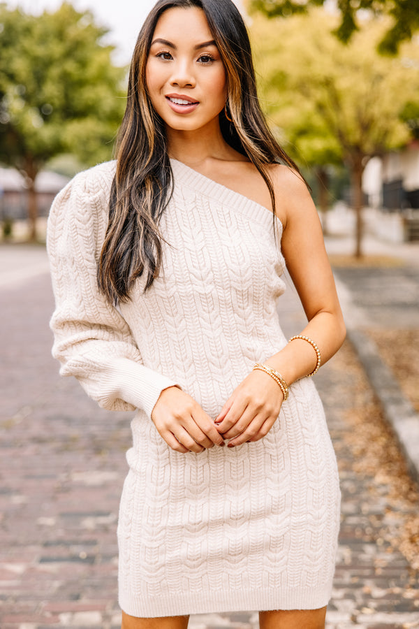 one shoulder cable knit sweater dress