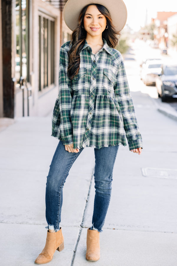 On Your Own Hunter Green Plaid Top