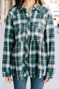 On Your Own Hunter Green Plaid Top