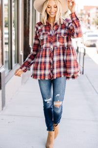 On Your Own Burgundy Red Plaid Top