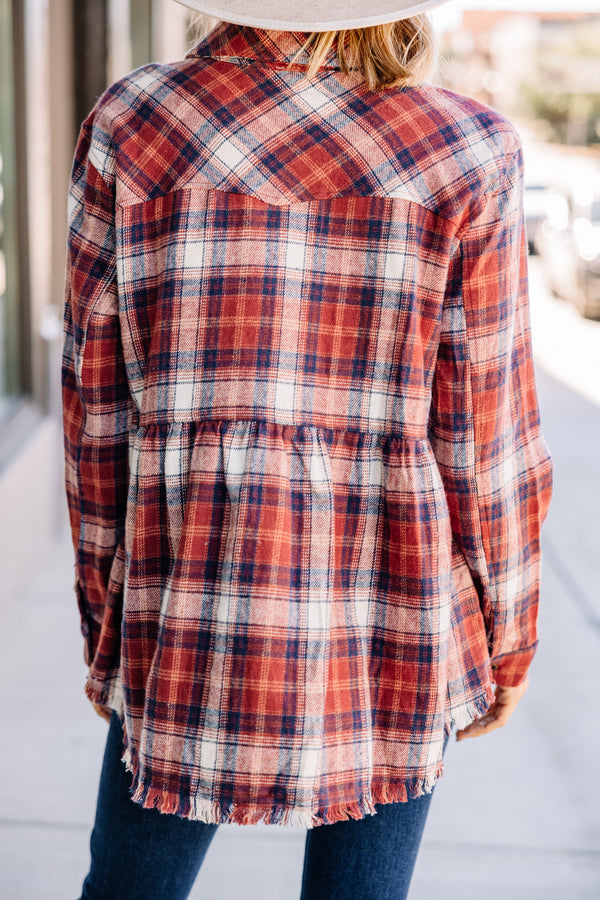 On Your Own Burgundy Red Plaid Top