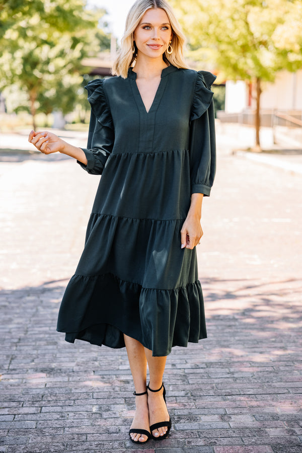 dark green ruffled midi dress