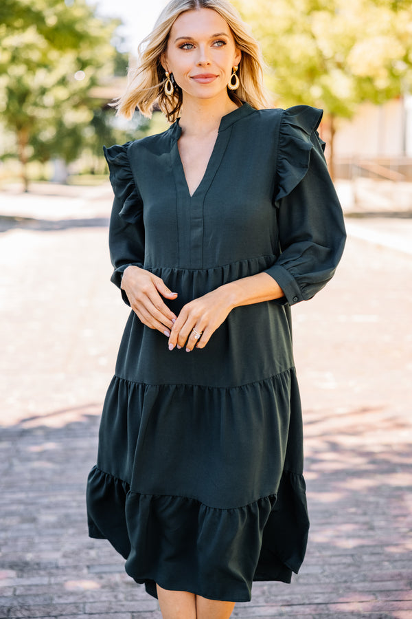 dark green ruffled midi dress