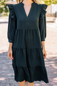 dark green ruffled midi dress