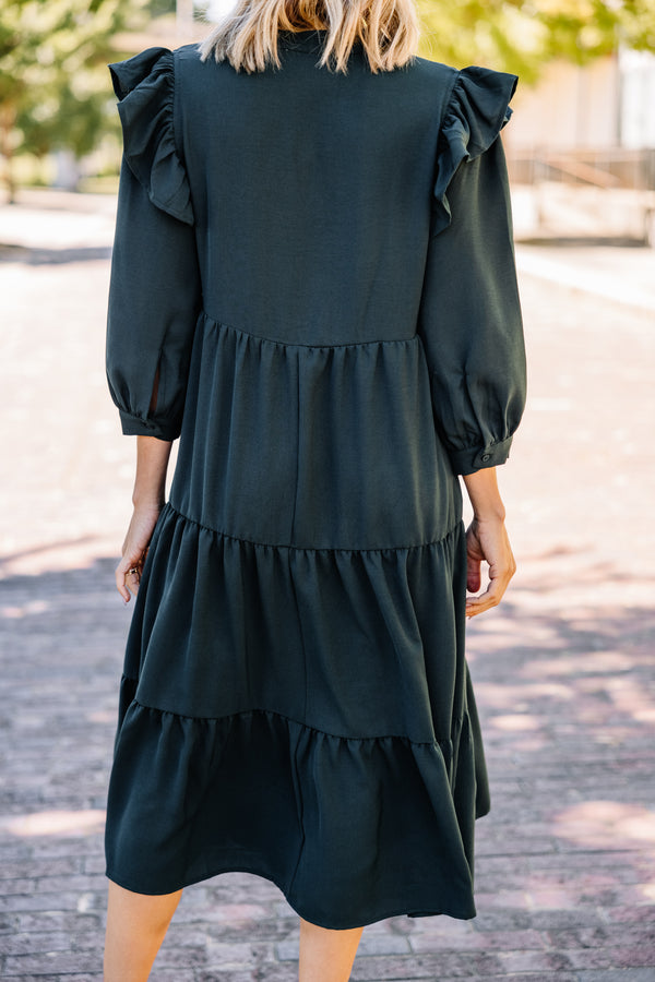 dark green ruffled midi dress