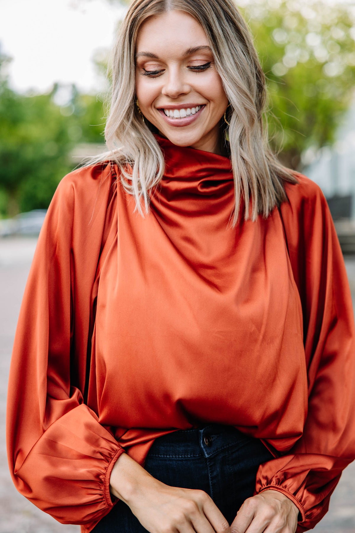 Poetry Silk Button Down high quality Double Layer Blouse Top Rust Red Orange US Size 4 Tiered