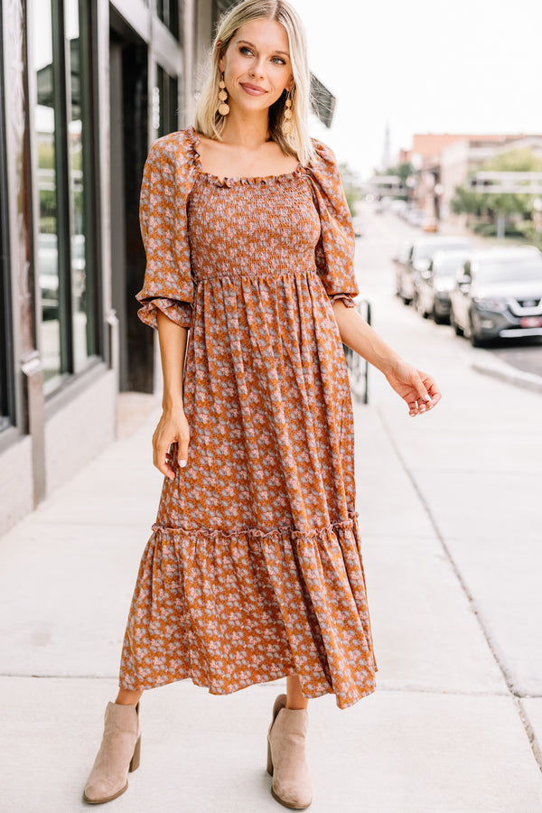 By This Time Orange Ditsy Floral Midi Dress