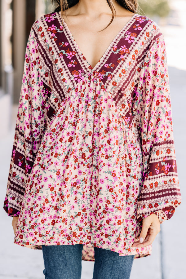 Searching For Joy Wine Red Mixed Print Tunic