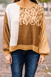 brown colorblock leopard sweater