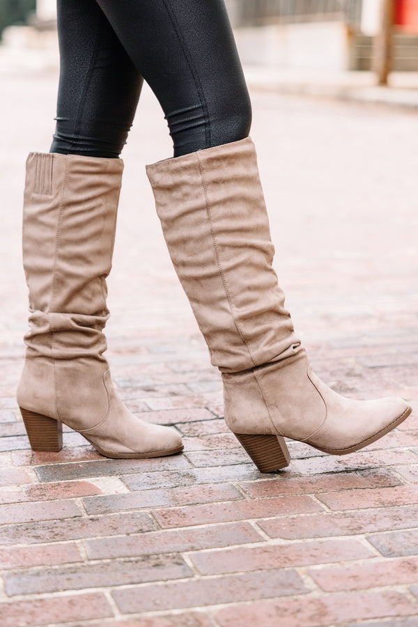 Stop On By Taupe Brown Ruched Boots