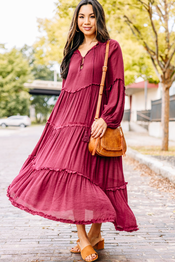 Moving On Wine Red Tired Midi Dress - Trendy Women's Dresses – Shop the ...
