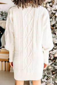 I'll Wait For You Ivory White Pompom Sweater Dress