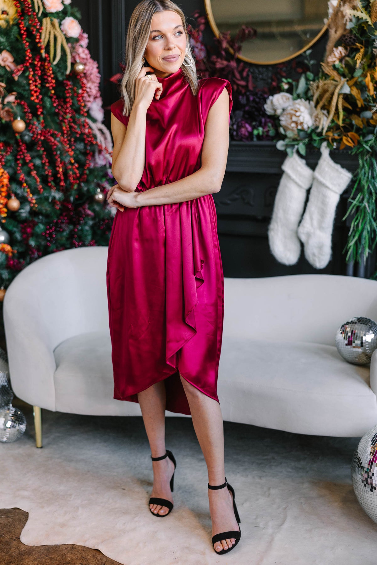 All Eyes On You Ruby Red Satin Midi Dress, Small - The Mint Julep Boutique