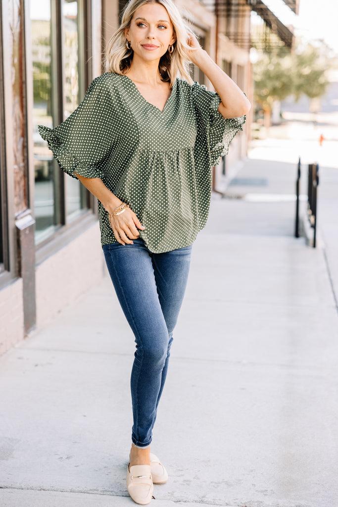 Chic Olive Green Polka Dot Blouse - Trendy Women's Blouses – Shop the Mint