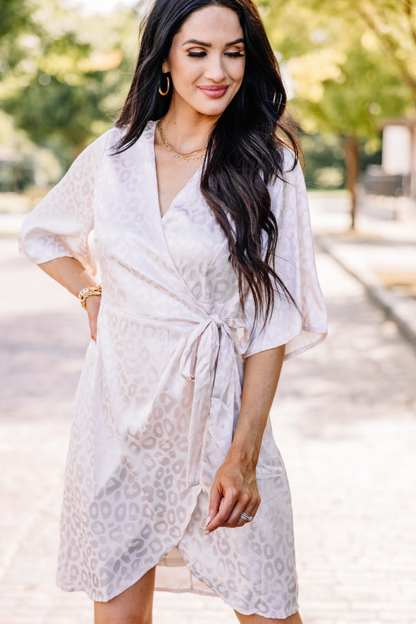 Make Your Mark Champagne White Satin Leopard Wrap Dress, Small - The Mint Julep Boutique | Women's Boutique Clothing Make Your Mark Champagne White Satin Leopard Wrap Dress, Small - The Mint Julep Boutique | Women's Boutique Clothing