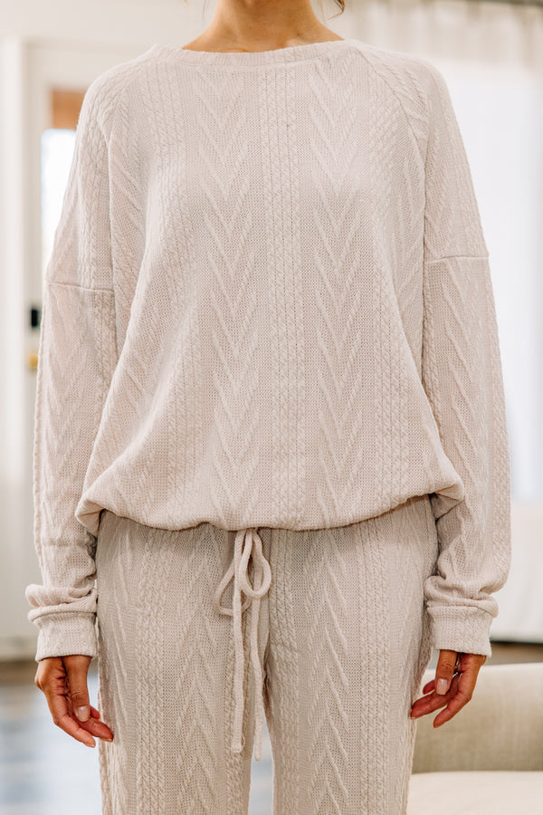 Living The Dream Oatmeal White Cable Knit Pajama Top
