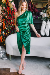 bold green satin midi dress for women